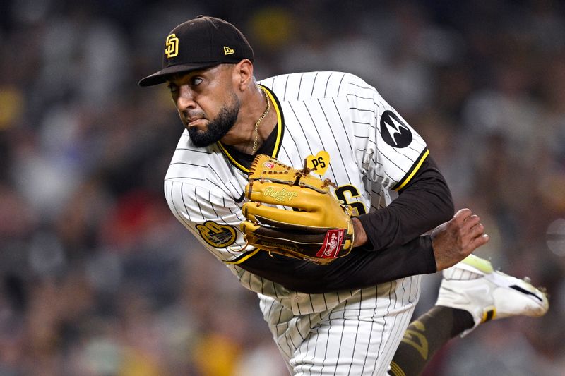 Jun 24, 2024; San Diego, California, USA; San Diego Padres relief pitcher Robert Suarez (75) pitches against the Washington Nationals during the ninth inning at Petco Park. Mandatory Credit: Orlando Ramirez-USA TODAY Sports