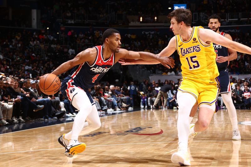 WASHINGTON, DC -? APRIL 4: Jared Butler #4 of the Washington Wizards handles the ball during the game against the Los Angeles Lakers on April 4, 2024 at Capital One Arena in Washington, DC. NOTE TO USER: User expressly acknowledges and agrees that, by downloading and or using this Photograph, user is consenting to the terms and conditions of the Getty Images License Agreement. Mandatory Copyright Notice: Copyright 2024 NBAE (Photo by Kenny Giarla/NBAE via Getty Images)