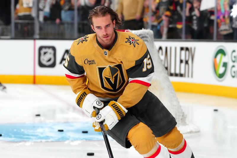 Mar 26, 2026; Las Vegas, Nevada, USA; Vegas Golden Knights defenseman Noah Hanifin (15) warms up before a game against the Edmonton Oilers at T-Mobile Arena. Mandatory Credit: Stephen R. Sylvanie-Imagn Images