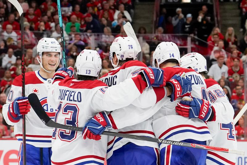 Oct 11, 2025; Chicago, Illinois, USA; Montréal Canadiens right wing Zack Bolduc (76) celebrates his goal against the Chicago Blackhawks during the second period at United Center. Mandatory Credit: David Banks-Imagn Images