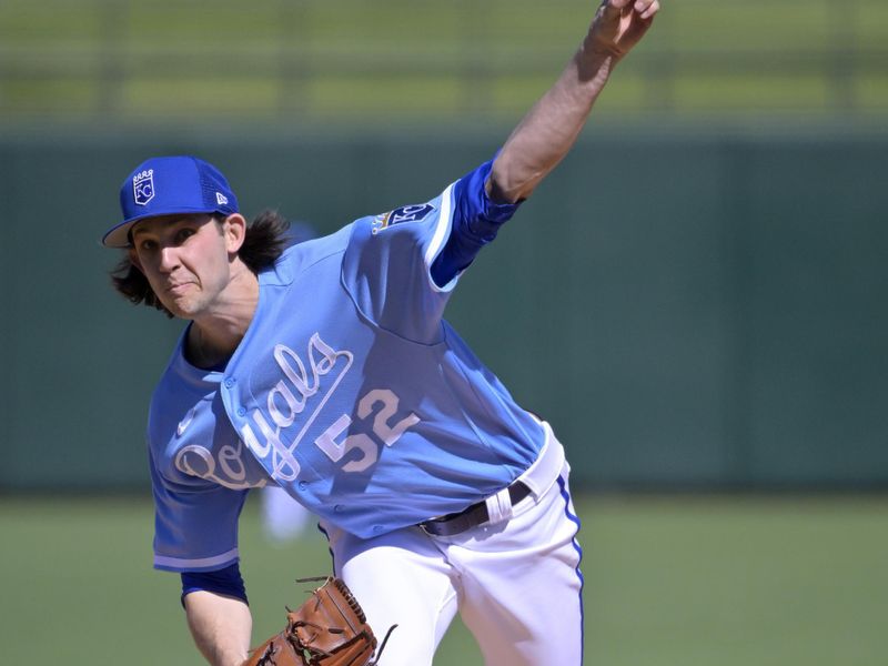 Feb 24, 2023; Surprise, Arizona, USA;  Kansas City Royals starting pitcher Daniel Lynch (52) throws to the plate in the first inning of a spring training game against the Texas Rangers at Surprise Stadium in Surprise, AZ. Mandatory Credit: Jayne Kamin-Oncea-USA TODAY Sports