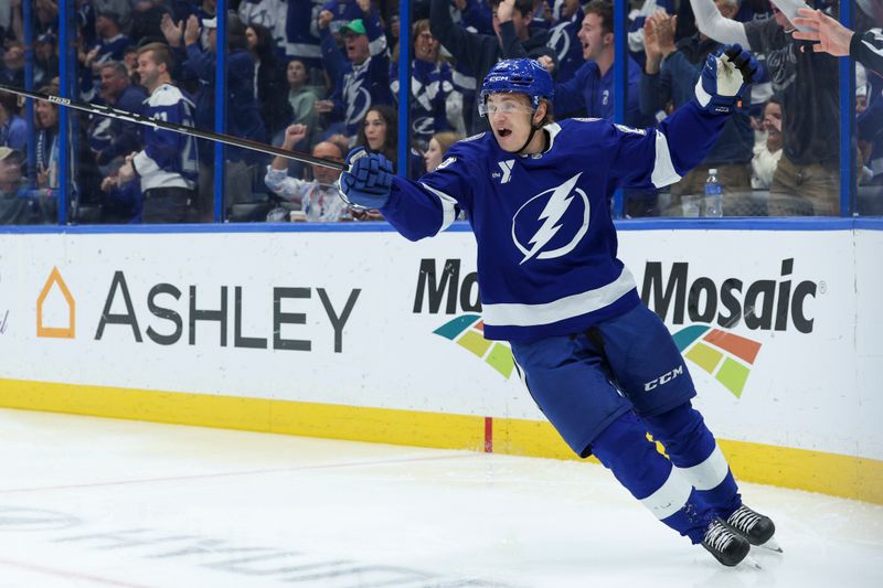 Dec 22, 2025; Tampa, Florida, USA; Tampa Bay Lightning right wing Pontus Holmberg (29) reacts after scoring a goal against the St. Louis Blues in the first period at Benchmark International Arena. Mandatory Credit: Nathan Ray Seebeck-Imagn Images
