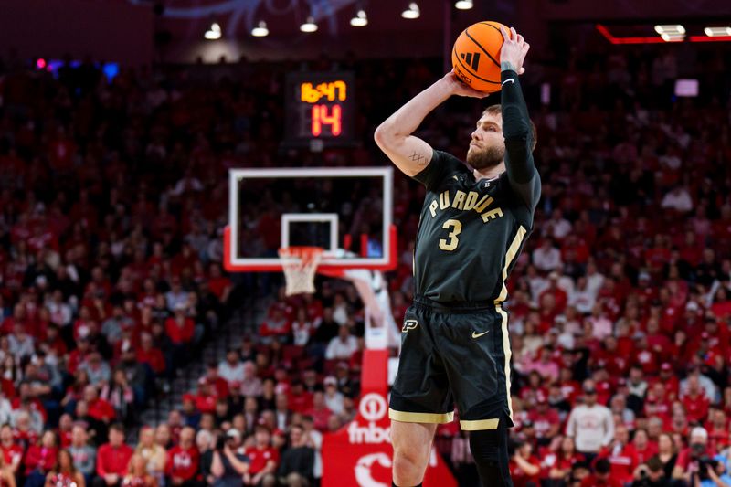 Feb 10, 2026; Lincoln, Nebraska, USA; Purdue Boilermakers guard Braden Smith (3) shoots a three-point shot against the Nebraska Cornhuskers during the second half at Pinnacle Bank Arena. Mandatory Credit: Dylan Widger-Imagn Images