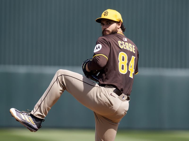 Mar 16, 2025; Tempe, Arizona, USA; San Diego Padres pitcher Dylan Cease against the Los Angeles Angels during a spring training game at Tempe Diablo Stadium. Mandatory Credit: Mark J. Rebilas-Imagn Images