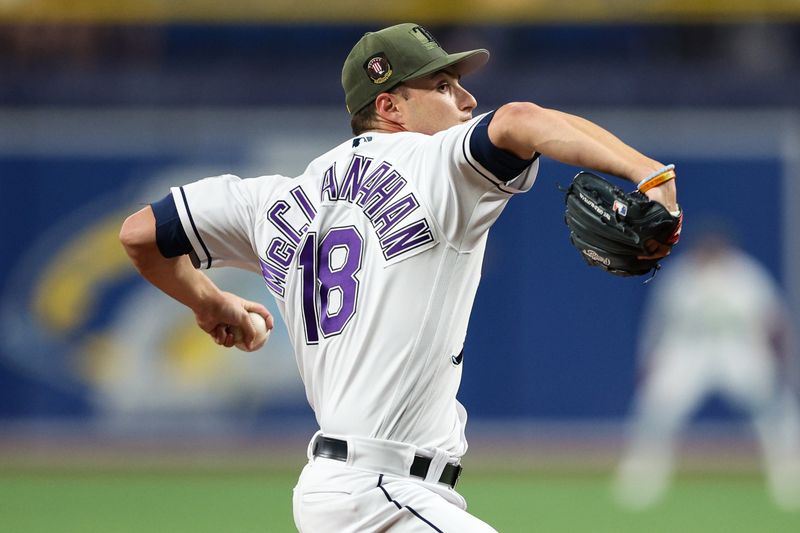 May 19, 2023; St. Petersburg, Florida, USA;  Tampa Bay Rays starting pitcher Shane McClanahan (18) throws a pitch  against the Milwaukee Brewers in the second inning at Tropicana Field. Mandatory Credit: Nathan Ray Seebeck-USA TODAY Sports