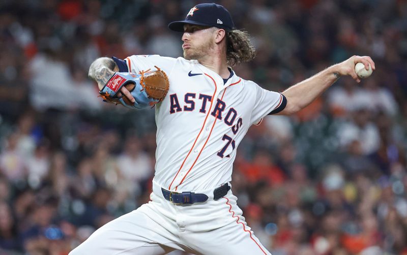 May 21, 2024; Houston, Texas, USA; Houston Astros relief pitcher Josh Hader (71) delivers a pitch during the ninth inning against the Los Angeles Angels at Minute Maid Park. Mandatory Credit: Troy Taormina-USA TODAY Sports