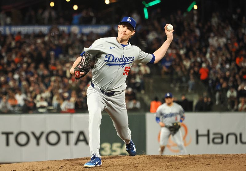 Jun 28, 2024; San Francisco, California, USA; Los Angeles Dodgers relief pitcher Ryan Yarbrough (56) pitches the ball against the San Francisco Giants during the seventh inning at Oracle Park. Mandatory Credit: Kelley L Cox-USA TODAY Sports