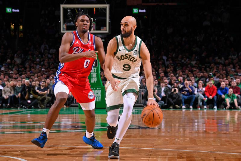 BOSTON, MA - FEBRUARY 27: Derrick White #9 of the Boston Celtics handles the ball during the game against the Philadelphia 76ers on February 27, 2024 at the TD Garden in Boston, Massachusetts. NOTE TO USER: User expressly acknowledges and agrees that, by downloading and or using this photograph, User is consenting to the terms and conditions of the Getty Images License Agreement. Mandatory Copyright Notice: Copyright 2024 NBAE  (Photo by Brian Babineau/NBAE via Getty Images)