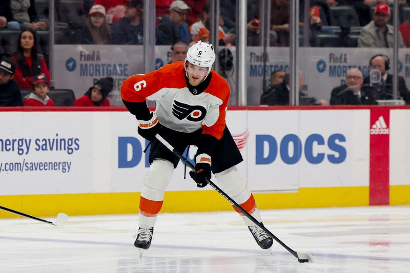 Jan 25, 2024; Detroit, Michigan, USA;  Philadelphia Flyers defenseman Travis Sanheim (6) skates with the puck in the first period against the Detroit Red Wings at Little Caesars Arena. Mandatory Credit: Rick Osentoski-USA TODAY Sports