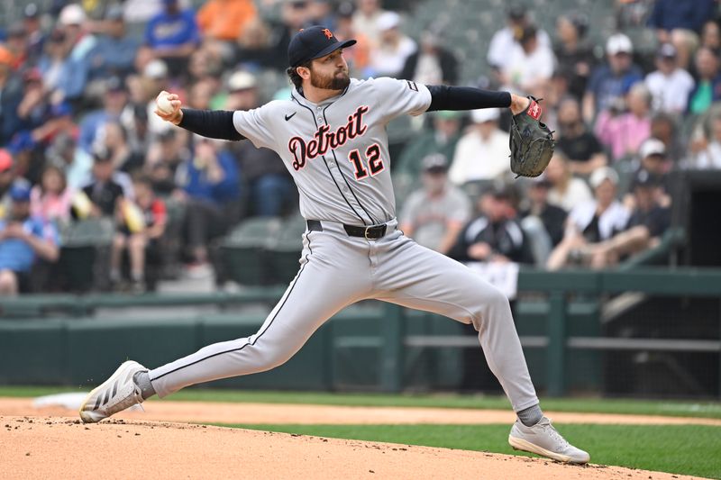 Jun 5, 2025; Chicago, Illinois, USA;  Detroit Tigers pitcher Casey Mize (12) delivers during the first inning against the Chicago White Sox at Rate Field. Mandatory Credit: Matt Marton-Imagn Images