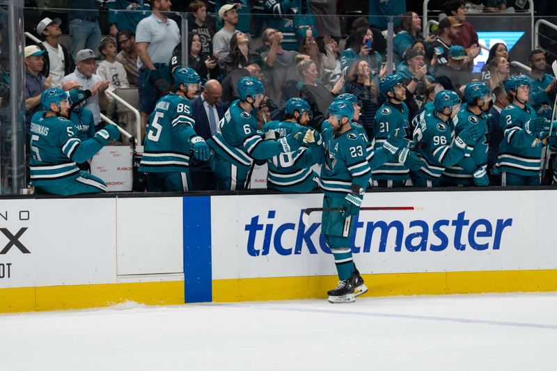 Feb 28, 2026; San Jose, California, USA; San Jose Sharks center Barclay Goodrow (23) celebrates with teammates after the goal against the Edmonton Oilers during the first period at SAP Center at San Jose. Mandatory Credit: Neville E. Guard-Imagn Images