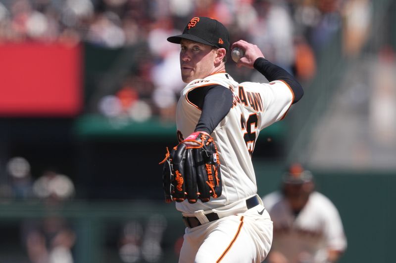 Apr 9, 2023; San Francisco, California, USA; San Francisco Giants starting pitcher Anthony DeSclafani (26) throws a pitch against the Kansas City Royals during the fifth inning at Oracle Park. Mandatory Credit: Darren Yamashita-USA TODAY Sports