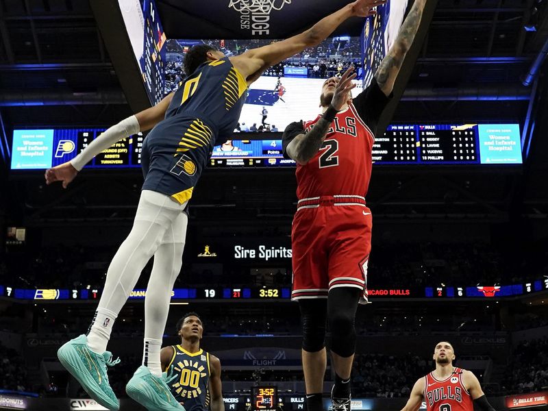 INDIANAPOLIS, INDIANA - JANUARY 08: Lonzo Ball #2 of the Chicago Bulls shoots against Tyrese Haliburton #0 of the Indiana Pacers during the first half of an NBA basketball game at Gainbridge Fieldhouse on January 08, 2025 in Indianapolis, Indiana. NOTE TO USER: User expressly acknowledges and agrees that, by downloading and or using this Photograph, user is consenting to the terms and conditions of the Getty Images License Agreement. (Photo by Jeff Dean/Getty Images)