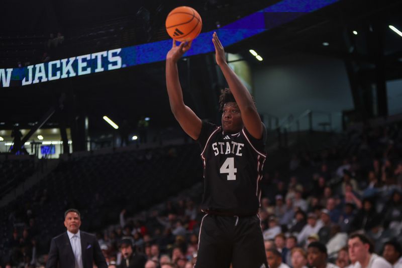 Dec 3, 2025; Atlanta, Georgia, USA; Mississippi State Bulldogs forward Brandon Walker (4) shoots against the Georgia Tech Yellow Jackets in the first half at McCamish Pavilion. Mandatory Credit: Brett Davis-Imagn Images