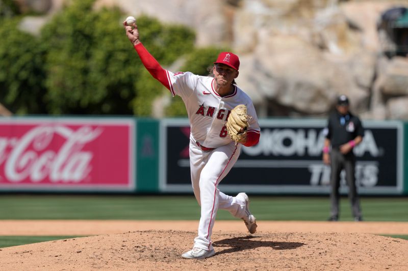 May 11, 2025; Anaheim, California, USA;Los Angeles Angels relief pitcher Shaun Anderson (64) throws in the sixth inning against the Baltimore Orioles at Angel Stadium. Mandatory Credit: Kirby Lee-Imagn Images