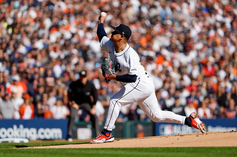 Oct 9, 2024; Detroit, Michigan, USA; Detroit Tigers starting pitcher Keider Montero (54) pitches against the Cleveland Guardians during the first inning during game three of the ALDS for the 2024 MLB Playoffs at Comerica Park. Mandatory Credit: Rick Osentoski-Imagn Images