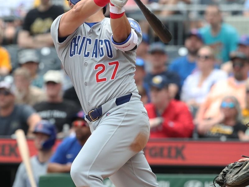 May 1, 2025; Pittsburgh, Pennsylvania, USA;  Chicago Cubs designated hitter Seiya Suzuki (27) hits his second home run of the game this one a two run home run against the Pittsburgh Pirates during the seventh inning at PNC Park. Mandatory Credit: Charles LeClaire-Imagn Images