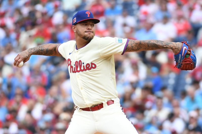 Aug 18, 2024; Philadelphia, Pennsylvania, USA; Philadelphia Phillies pitcher Taijuan Walker (99) throws a pitch during the first inning against the Washington Nationals at Citizens Bank Park. Mandatory Credit: Eric Hartline-USA TODAY Sports