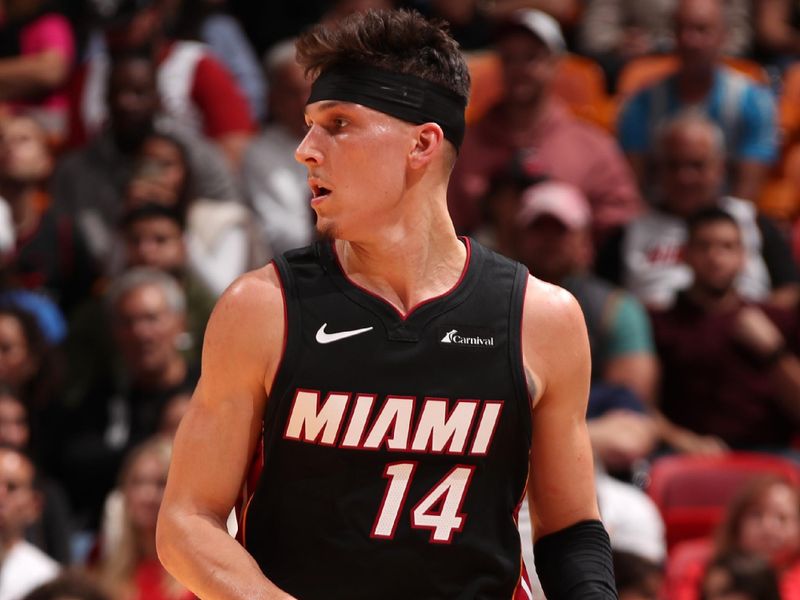 MIAMI, FL - JANUARY 10: Tyler Herro #14 of the Miami Heat handles the ball during the game against the Oklahoma City Thunder  on January 10, 2023 at Kaseya Center in Miami, Florida. NOTE TO USER: User expressly acknowledges and agrees that, by downloading and or using this Photograph, user is consenting to the terms and conditions of the Getty Images License Agreement. Mandatory Copyright Notice: Copyright 2023 NBAE (Photo by Issac Baldizon/NBAE via Getty Images)