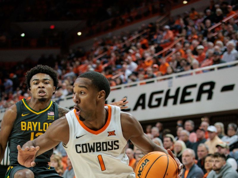 Jan 6, 2024; Stillwater, Oklahoma, USA;  Oklahoma State Cowboys guard Bryce Thompson (1) drives to the basket during the first half against the Baylor Bears at Gallagher-Iba Arena. Mandatory Credit: William Purnell-USA TODAY Sports