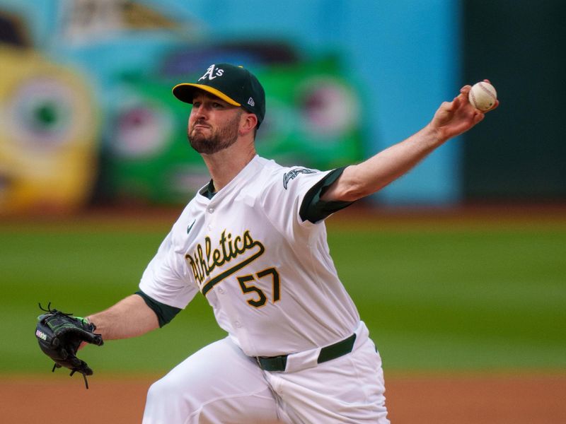 May 6, 2024; Oakland, California, USA; Oakland Athletics starting pitcher Alex Wood (57) delivers a pitch against the Texas Rangers during the first inning at Oakland-Alameda County Coliseum. Mandatory Credit: Neville E. Guard-USA TODAY Sports