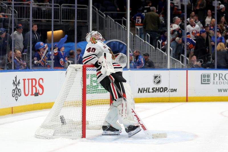 Mar 24, 2026; Elmont, New York, USA; Chicago Blackhawks goaltender Arvid Soderblom (40) reacts after defeating the New York Islanders at UBS Arena. Mandatory Credit: Brad Penner-Imagn Images