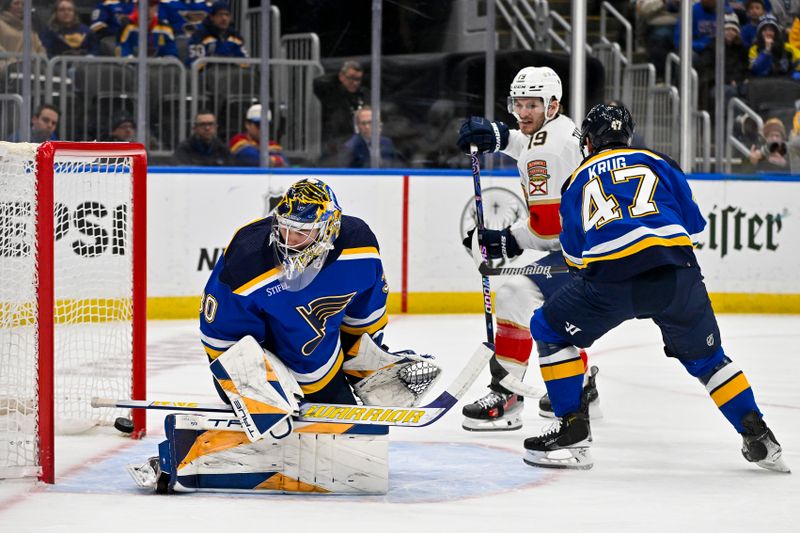 Jan 9, 2024; St. Louis, Missouri, USA;  St. Louis Blues goaltender Joel Hofer (30) defends the net against Florida Panthers left wing Matthew Tkachuk (19) during the first period at Enterprise Center. Mandatory Credit: Jeff Curry-USA TODAY Sports