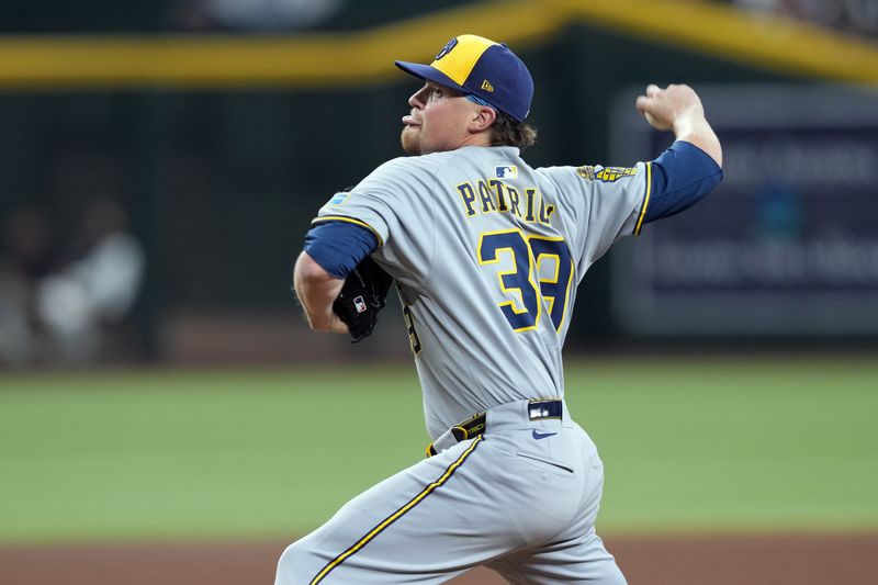 Apr 12, 2025; Phoenix, Arizona, USA; Milwaukee Brewers pitcher Chad Patrick (39) pitches against the Arizona Diamondbacks during the fifth inning at Chase Field. Mandatory Credit: Joe Camporeale-Imagn Images