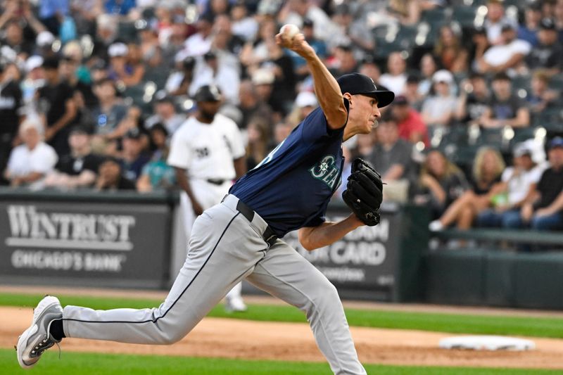 Jul 26, 2024; Chicago, Illinois, USA;  Seattle Mariners pitcher George Kirby (68) delivers against the Chicago White Sox during the first inning at Guaranteed Rate Field. Mandatory Credit: Matt Marton-USA TODAY Sports