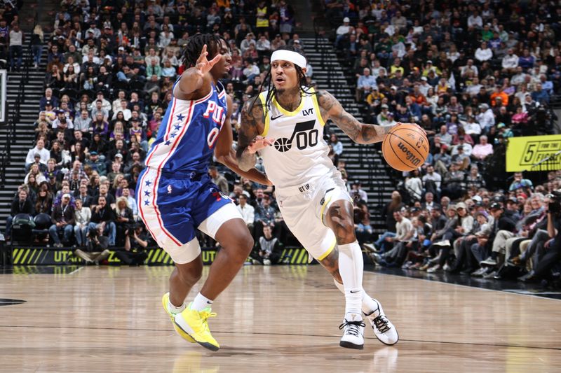 SALT LAKE CITY, UT - FEBRUARY 1: Jordan Clarkson #00 of the Utah Jazz handles the ball during the game against the Philadelphia 76ers on February 1, 2024 at Delta Center in Salt Lake City, Utah. NOTE TO USER: User expressly acknowledges and agrees that, by downloading and or using this Photograph, User is consenting to the terms and conditions of the Getty Images License Agreement. Mandatory Copyright Notice: Copyright 2024 NBAE (Photo by Melissa Majchrzak/NBAE via Getty Images)