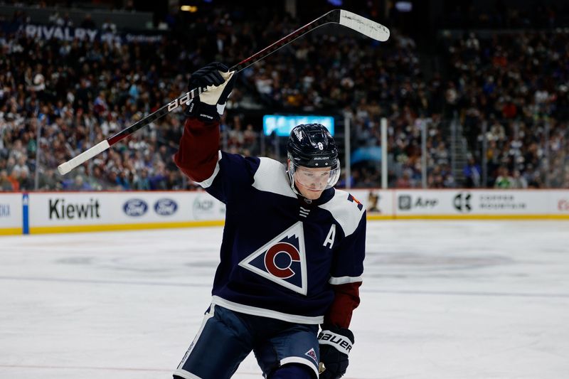 Apr 9, 2024; Denver, Colorado, USA; Colorado Avalanche defenseman Cale Makar (8) reacts after his goal in the second period against the Minnesota Wild at Ball Arena. Mandatory Credit: Isaiah J. Downing-USA TODAY Sports