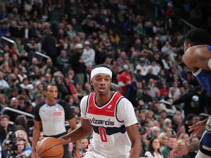 MILWAUKEE, WI - NOVEMBER 30: Bilal Coulibaly #0 of the Washington Wizards drives to the basket during the game against the Milwaukee Bucks on November 30, 2024 at Fiserv Forum Center in Milwaukee, Wisconsin. NOTE TO USER: User expressly acknowledges and agrees that, by downloading and or using this Photograph, user is consenting to the terms and conditions of the Getty Images License Agreement. Mandatory Copyright Notice: Copyright 2024 NBAE (Photo by Gary Dineen/NBAE via Getty Images).