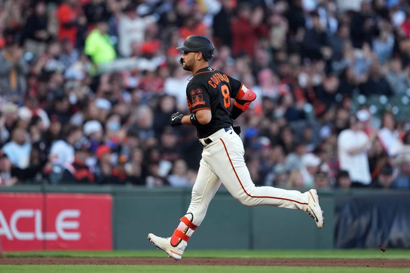 Aug 12, 2023; San Francisco, California, USA; San Francisco Giants designated hitter Michael Conforto (8) rounds the bases after hitting a home run against the Texas Rangers during the fourth inning at Oracle Park. Mandatory Credit: Darren Yamashita-USA TODAY Sports