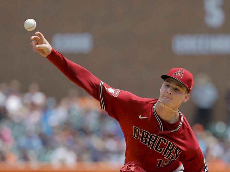 Jun 10, 2023; Detroit, Michigan, USA;  Arizona Diamondbacks starting pitcher Ryne Nelson (19) pitches in the third inning against the Detroit Tigers at Comerica Park. Mandatory Credit: Rick Osentoski-USA TODAY Sports