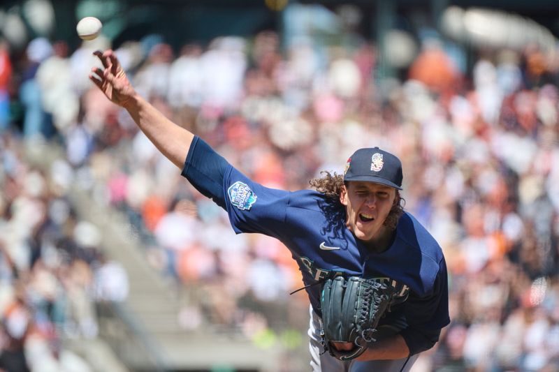 Jul 4, 2023; San Francisco, California, USA; Seattle Mariners pitcher Logan Gilbert (36) throws a pitch against the San Francisco Giants during the eighth inning at Oracle Park. Mandatory Credit: Robert Edwards-USA TODAY Sports