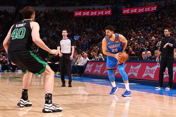 OKLAHOMA CITY, OK - JANUARY 2: Vasilije Micic #29 of the Oklahoma City Thunder handles the ball during the game against the Boston Celtics on January 2, 2024 at Paycom Arena in Oklahoma City, Oklahoma. NOTE TO USER: User expressly acknowledges and agrees that, by downloading and or using this photograph, User is consenting to the terms and conditions of the Getty Images License Agreement. Mandatory Copyright Notice: Copyright 2024 NBAE (Photo by Zach Beeker/NBAE via Getty Images)