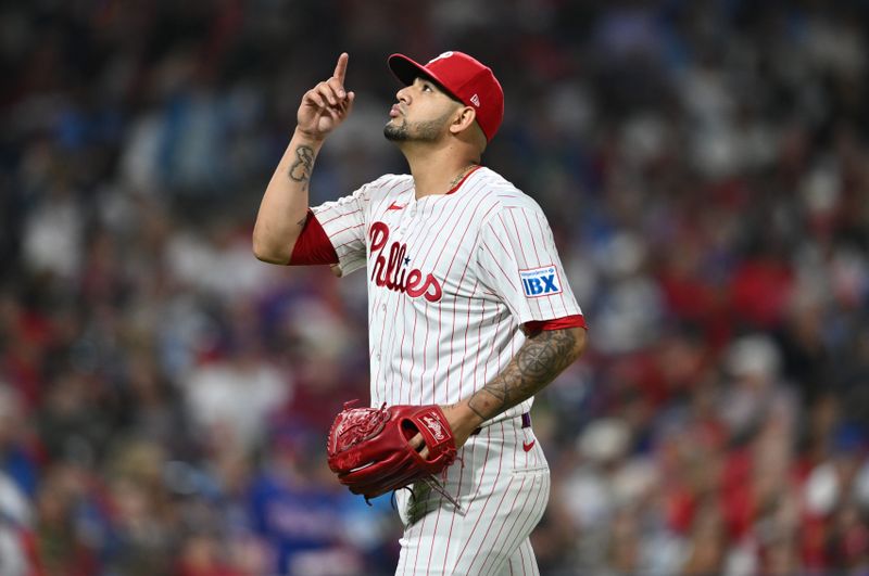 Sep 25, 2024; Philadelphia, Pennsylvania, USA; Philadelphia Phillies relief pitcher Jose Ruiz (66) reacts against the Chicago Cubs in the fifth inning at Citizens Bank Park. Mandatory Credit: Kyle Ross-Imagn Images