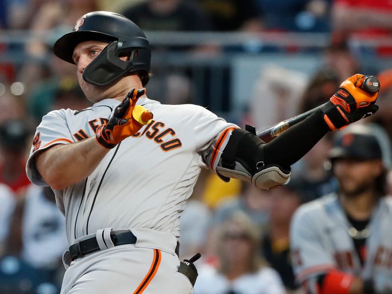 Jul 14, 2023; Pittsburgh, Pennsylvania, USA;  San Francisco Giants second baseman Casey Schmitt (6) hits an RBI double against the Pittsburgh Pirates during the sixth inning at PNC Park. Mandatory Credit: Charles LeClaire-USA TODAY Sports