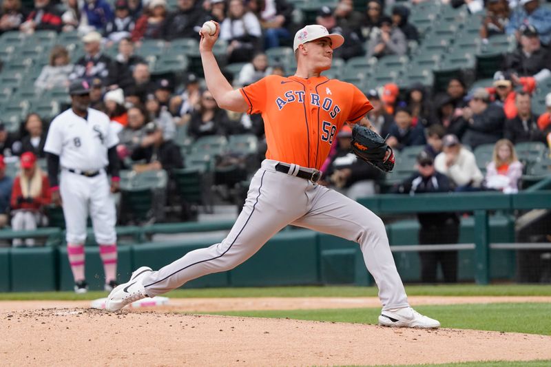 May 14, 2023; Chicago, Illinois, USA; Houston Astros starting pitcher Hunter Brown (58) throws the ball against the Chicago White Sox during the first inning at Guaranteed Rate Field. Mandatory Credit: David Banks-USA TODAY Sports