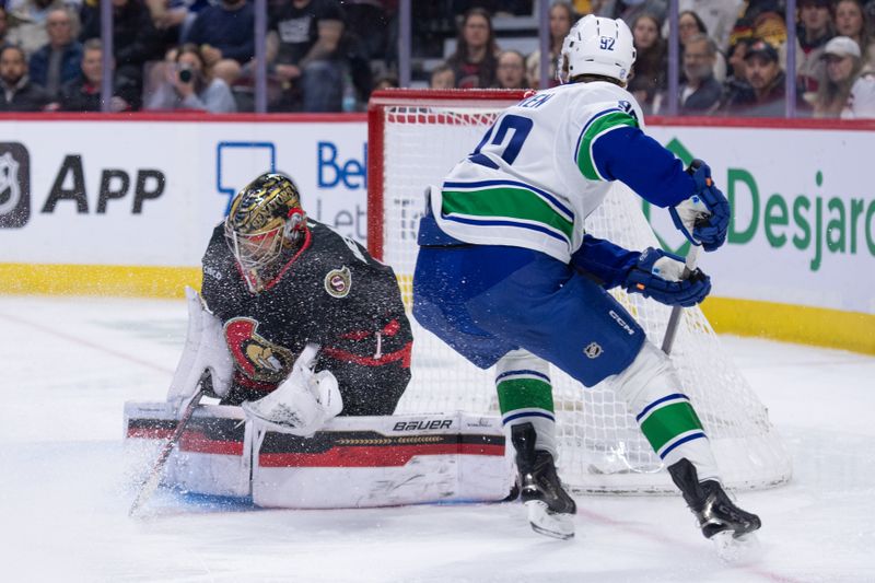 Jan 13, 2026; Ottawa, Ontario, CAN; Ottawa Senators goalie Leevi Merilainen (1) makes a save against Vancouver Canucks left wing Liam Ohgren (92) in the second period at the Canadian Tire Centre. Mandatory Credit: Marc DesRosiers-IMAGN Images