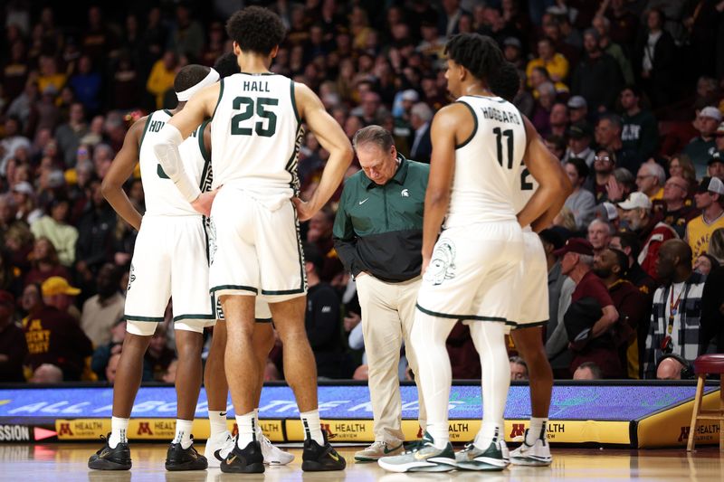 Feb 6, 2024; Minneapolis, Minnesota, USA; Michigan State Spartans head coach Tom Izzo talks to his players during the second half against the Minnesota Golden Gophers at Williams Arena. Mandatory Credit: Matt Krohn-USA TODAY Sports