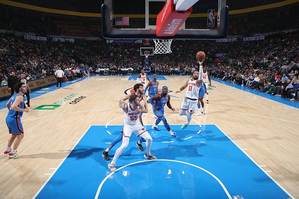 OKLAHOMA CITY, OK - DECEMBER 27: Jalen Brunson #11 of the New York Knicks shoots the ball during the game against the Oklahoma City Thunder on December 27, 2023 at Paycom Arena in Oklahoma City, Oklahoma. NOTE TO USER: User expressly acknowledges and agrees that, by downloading and or using this photograph, User is consenting to the terms and conditions of the Getty Images License Agreement. Mandatory Copyright Notice: Copyright 2023 NBAE (Photo by Zach Beeker/NBAE via Getty Images)