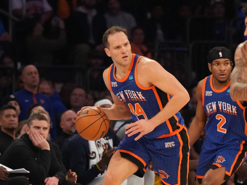 NEW YORK, NY - FEBRUARY 10: Bojan Bogdanovic #44 of the New York Knicks dribbles the ball during the game against the Indiana Pacers on February 10, 2024 at Madison Square Garden in New York City, New York.  NOTE TO USER: User expressly acknowledges and agrees that, by downloading and or using this photograph, User is consenting to the terms and conditions of the Getty Images License Agreement. Mandatory Copyright Notice: Copyright 2024 NBAE  (Photo by Jesse D. Garrabrant/NBAE via Getty Images)