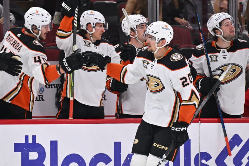 Mar 12, 2024; Chicago, Illinois, USA; Anaheim Ducks forward Brett Leason (20) celebrates with the bench after scoring a short-handed goal in the first period against the Chicago Blackhawks at United Center. Mandatory Credit: Jamie Sabau-USA TODAY Sports