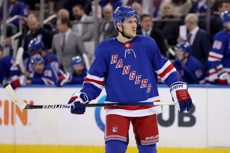 Feb 28, 2024; New York, New York, USA; New York Rangers defenseman Adam Fox (23) skates against the Columbus Blue Jackets during the second period at Madison Square Garden. Mandatory Credit: Brad Penner-USA TODAY Sports