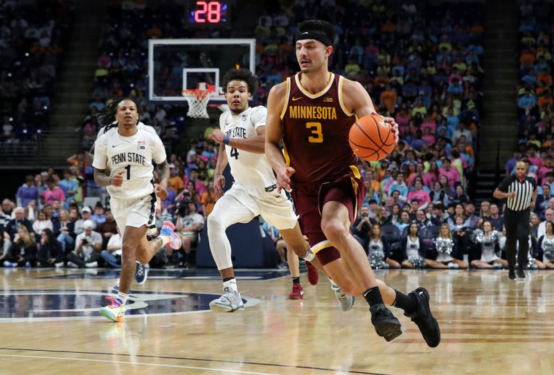 Jan 27, 2024; University Park, Pennsylvania, USA; Minnesota Golden Gophers forward Dawson Garcia (3) dribbles the ball on a break away during the second half against the Penn State Nittany Lions at Bryce Jordan Center. Minnesota defeated Penn State 83-74. Mandatory Credit: Matthew O'Haren-USA TODAY Sports