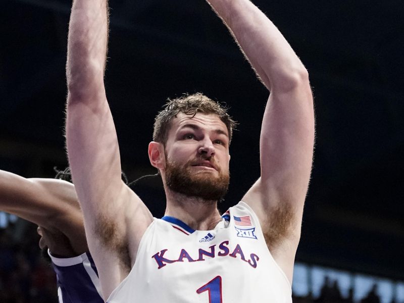 Jan 6, 2024; Lawrence, Kansas, USA; Kansas Jayhawks center Hunter Dickinson (1) dunks the ball against TCU Horned Frogs center Ernest Udeh Jr. (8) during the second half at Allen Fieldhouse. Mandatory Credit: Jay Biggerstaff-USA TODAY Sports