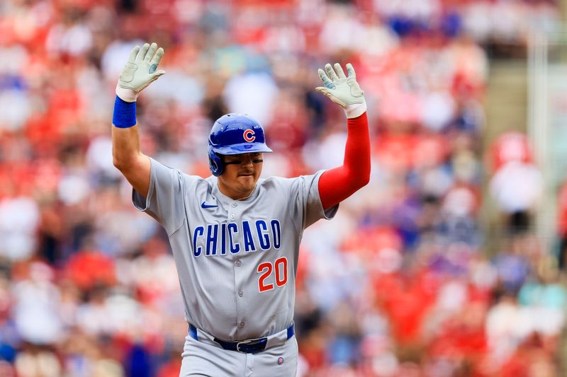 May 25, 2025; Cincinnati, Ohio, USA; Chicago Cubs catcher Reese McGuire (20) reacts after hitting a solo home run in the second inning against the Cincinnati Reds at Great American Ball Park. Mandatory Credit: Katie Stratman-Imagn Images
