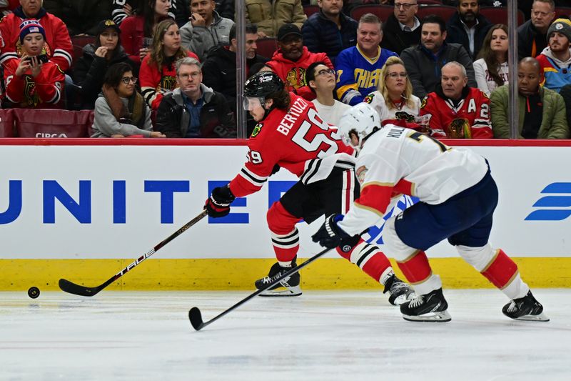 Nov 21, 2024; Chicago, Illinois, USA; Chicago Blackhawks left wing Tyler Bertuzzi (59) skates with the puck as Florida Panthers defenseman Dmitry Kulikov (7) defends during the second period at the United Center. Mandatory Credit: Daniel Bartel-Imagn Images