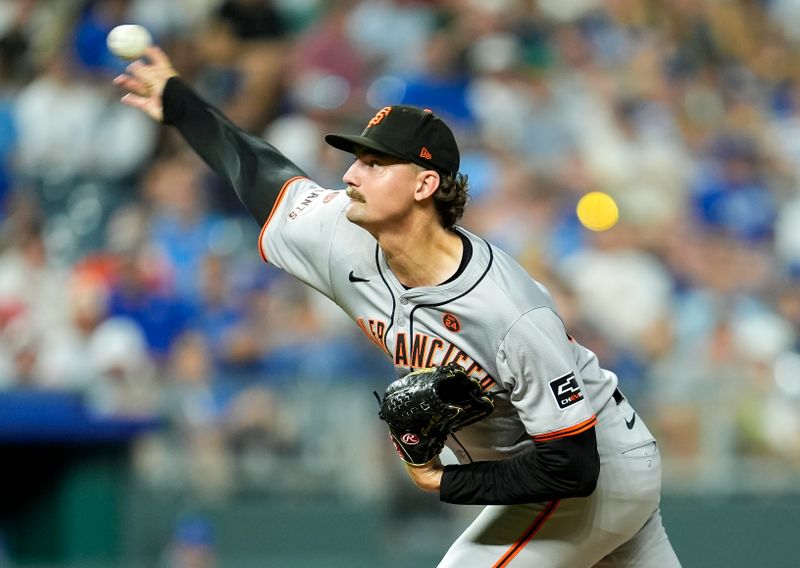 Sep 20, 2024; Kansas City, Missouri, USA; San Francisco Giants relief pitcher Sean Hjelle (64) pitches during the sixth inning against the Kansas City Royals at Kauffman Stadium. Mandatory Credit: Jay Biggerstaff-Imagn Images